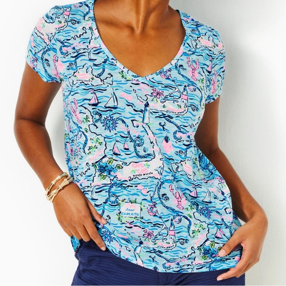 NWT Lilly Pulitzer Etta Lilly Loves Cape Cod BakiBlue Scenic Print Top
